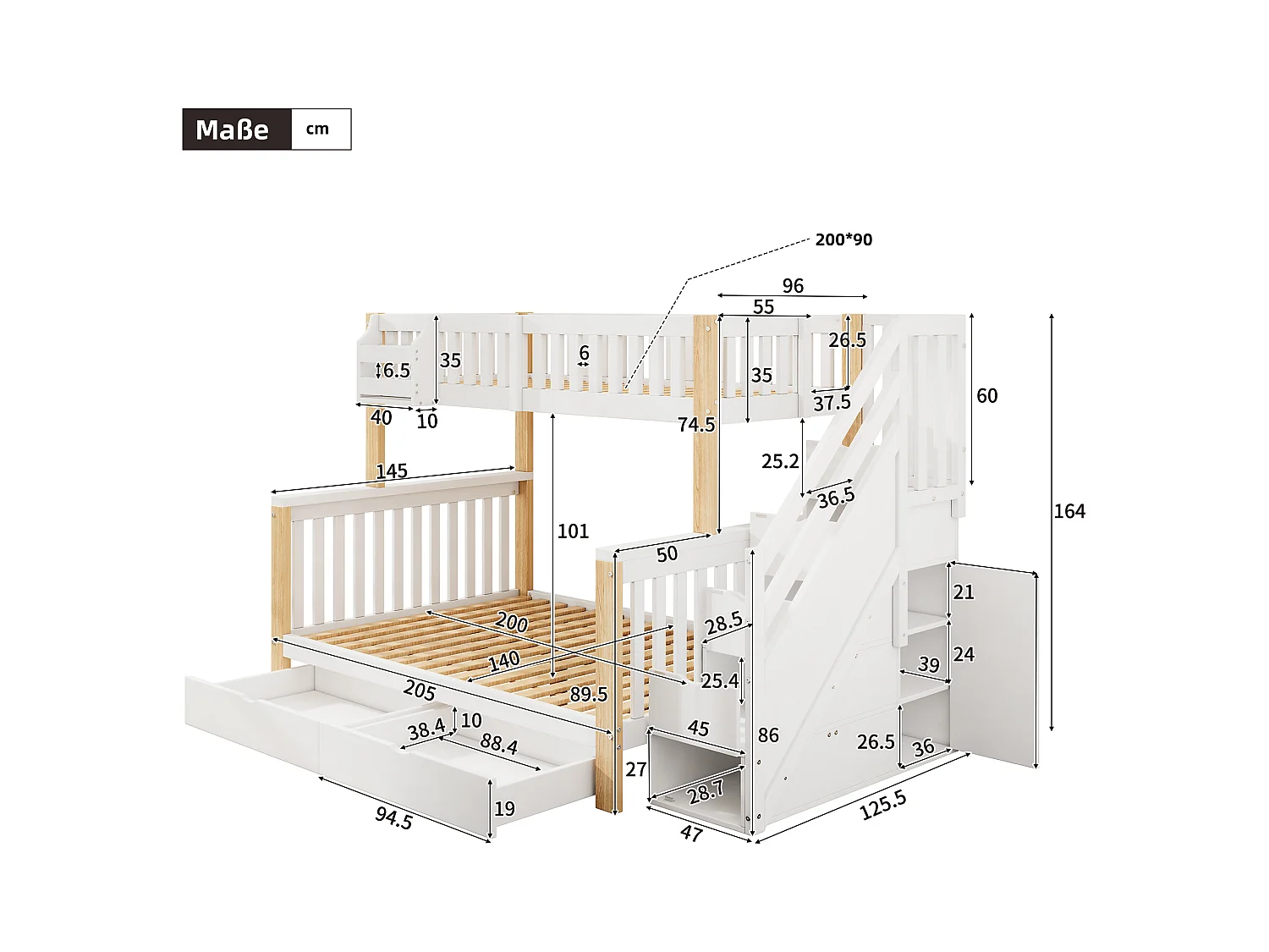 Lit superposé pour enfants avec escalier de rangement, bureau et étagères, bois massif + MDF, blanc et naturel (140x200 cm)