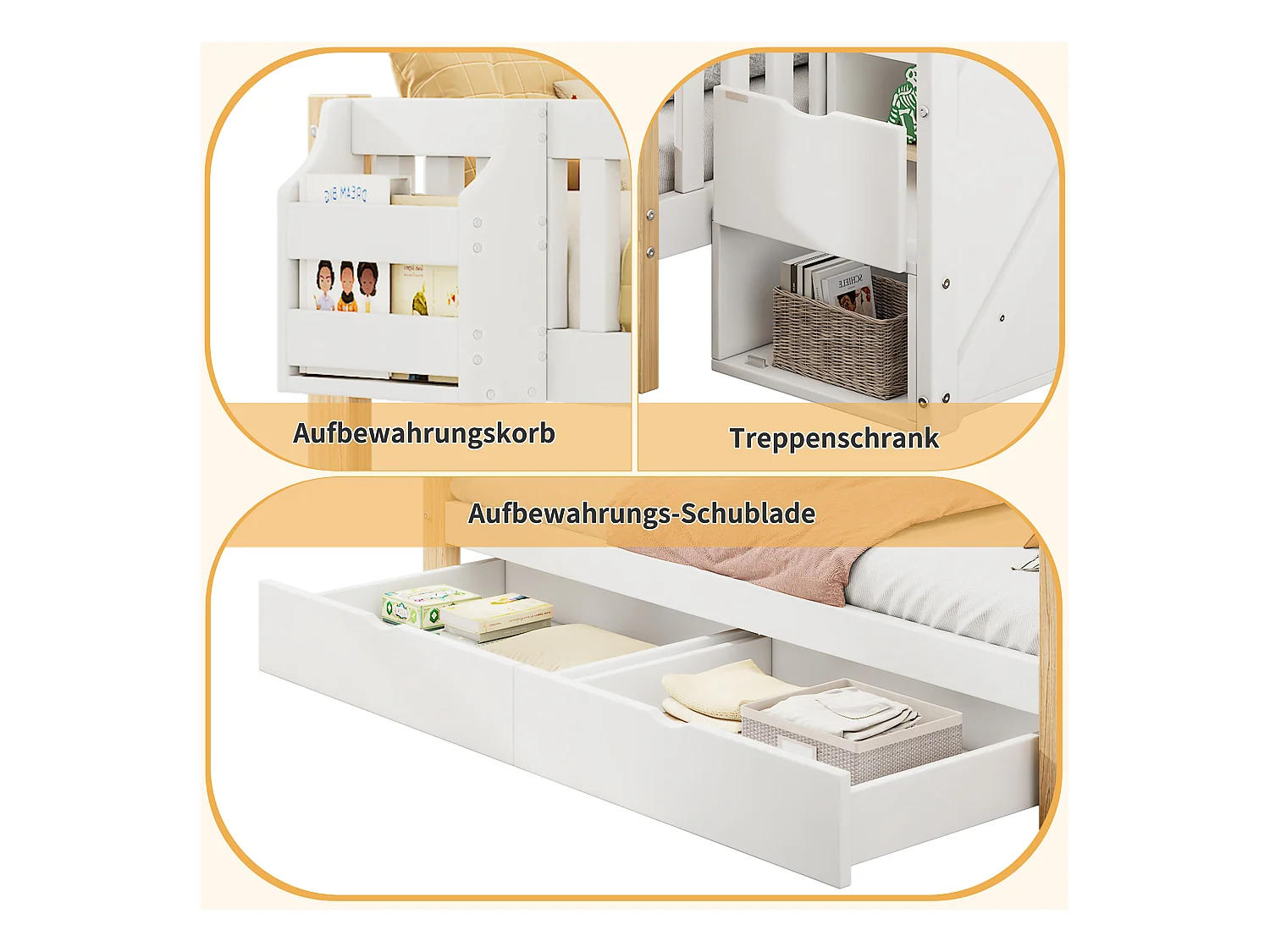 Lit superposé pour enfants avec escalier de rangement, bureau et étagères, bois massif + MDF, blanc et naturel (140x200 cm)