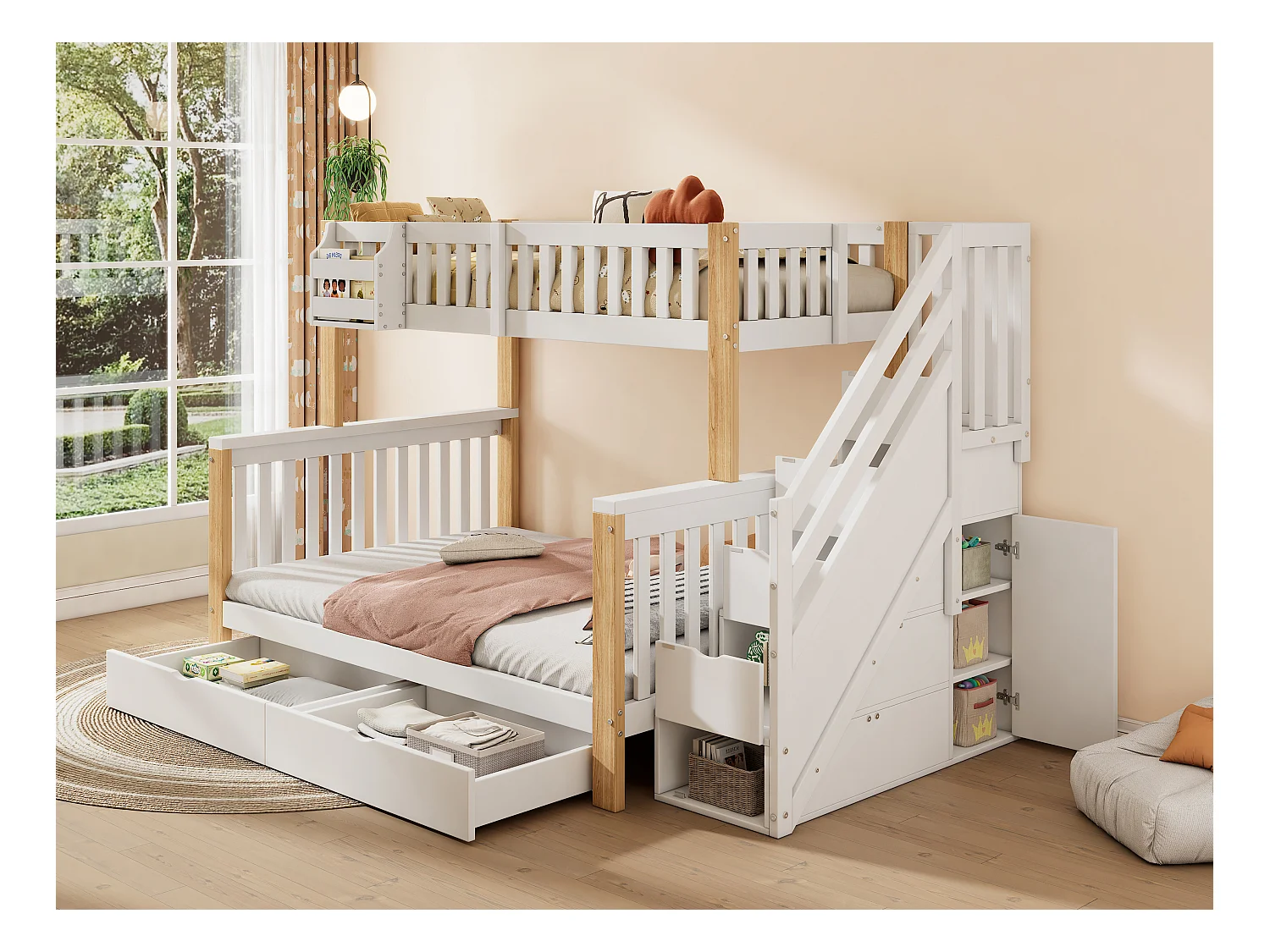 Lit superposé pour enfants avec escalier de rangement, bureau et étagères, bois massif + MDF, blanc et naturel (140x200 cm)