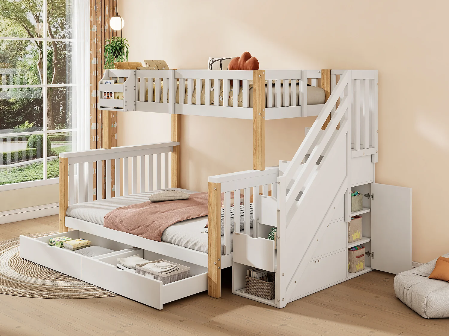 Litera infantil con escalera de almacenaje, escritorio y estantes, madera maciza + MDF, blanco y natural (140x200 cm)