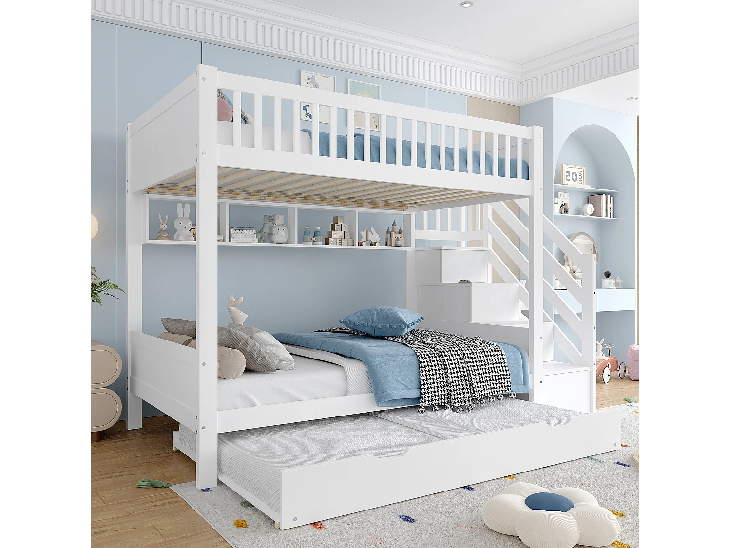 Litera de 90 x 200 cm con cama extensible, armario, estantería y espacio de almacenaje, pino, blanco (254 x 95 x 165 cm)