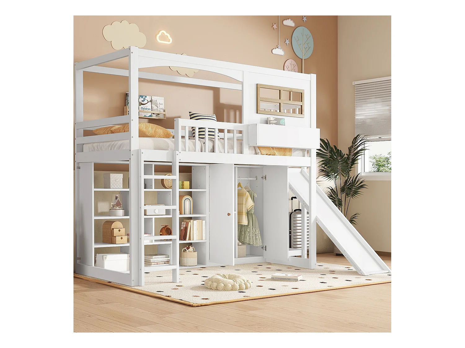 Lit superposé pour enfants avec toboggan et armoire, bois massif et MDF, blanc et naturel, 90x200 cm