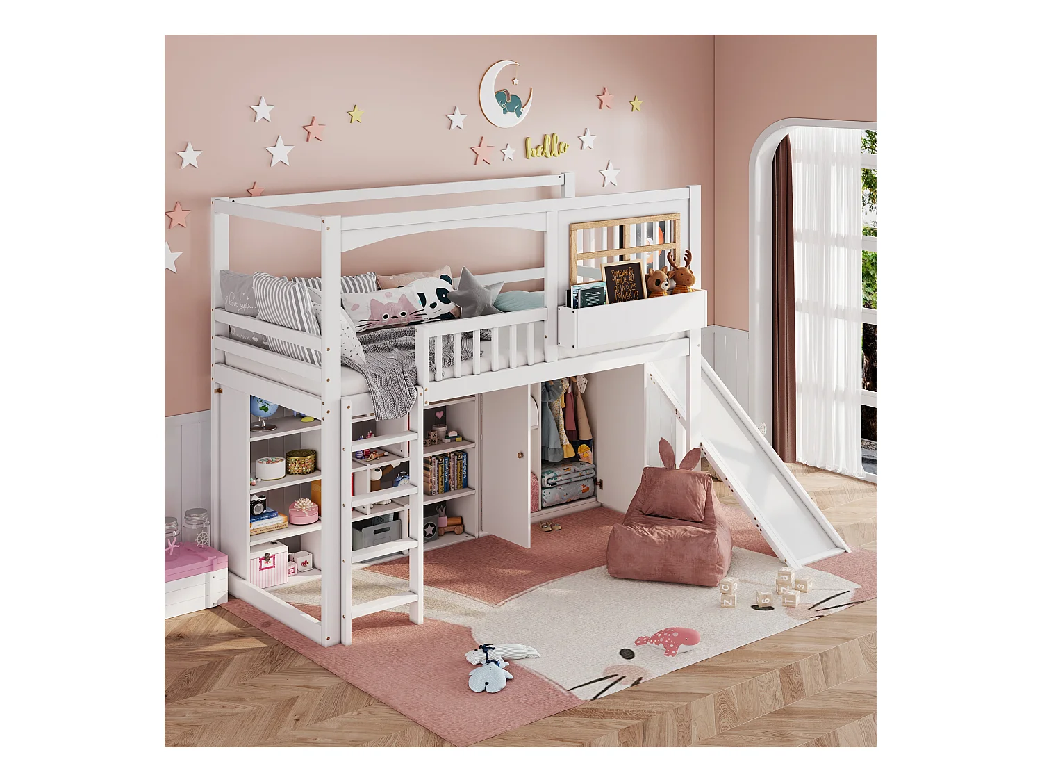 Lit superposé pour enfants avec toboggan et armoire, bois massif et MDF, blanc et naturel, 90x200 cm