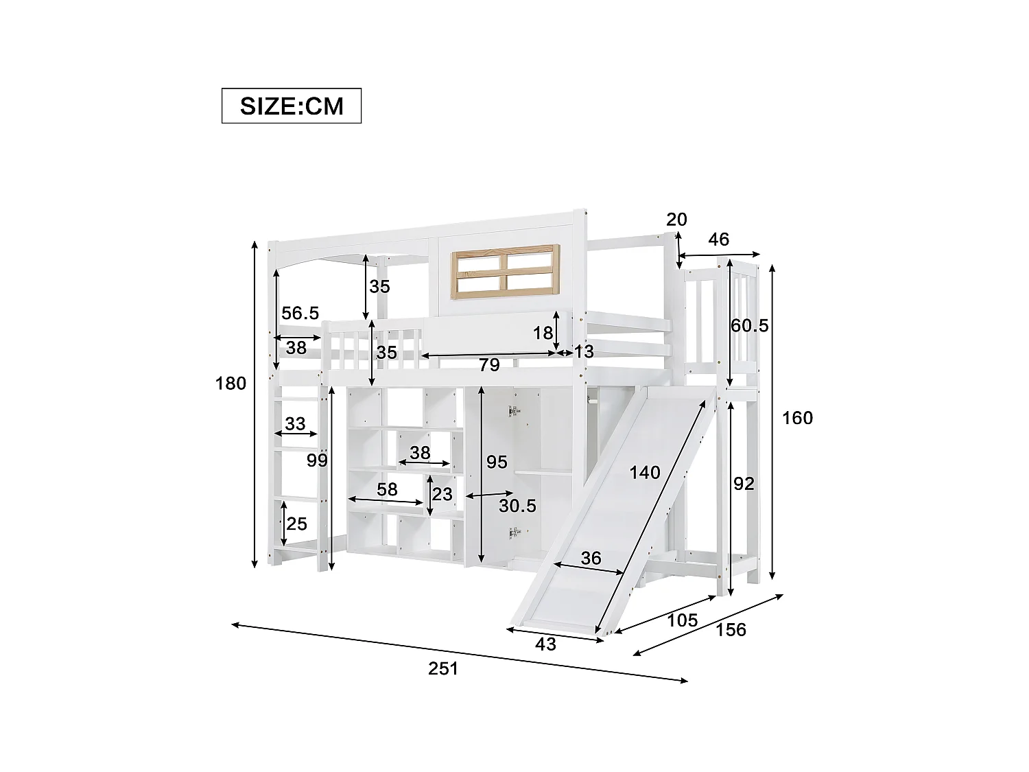 Lit superposé pour enfants avec toboggan et armoire, bois massif et MDF, blanc et naturel, 90x200 cm