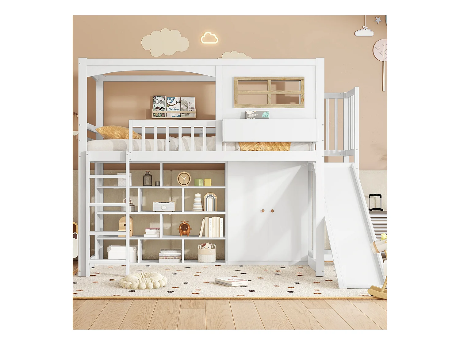Litera infantil con tobogán y armario, madera maciza y MDF, color blanco y natural, 90x200 cm