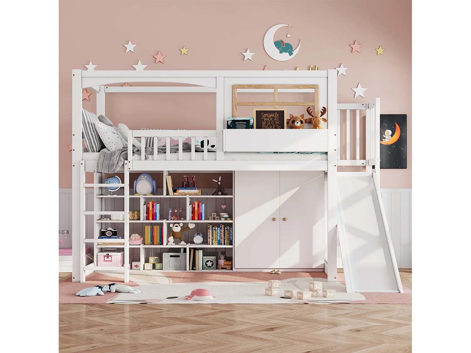 Lit superposé pour enfants avec toboggan et armoire, bois massif et MDF, blanc et naturel, 90x200 cm
