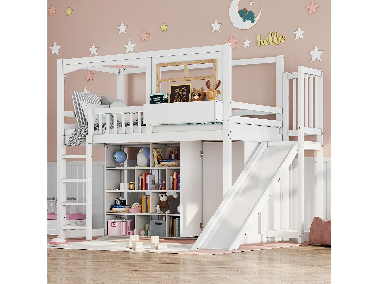 Lit superposé pour enfants avec toboggan et armoire, bois massif et MDF, blanc et naturel, 90x200 cm