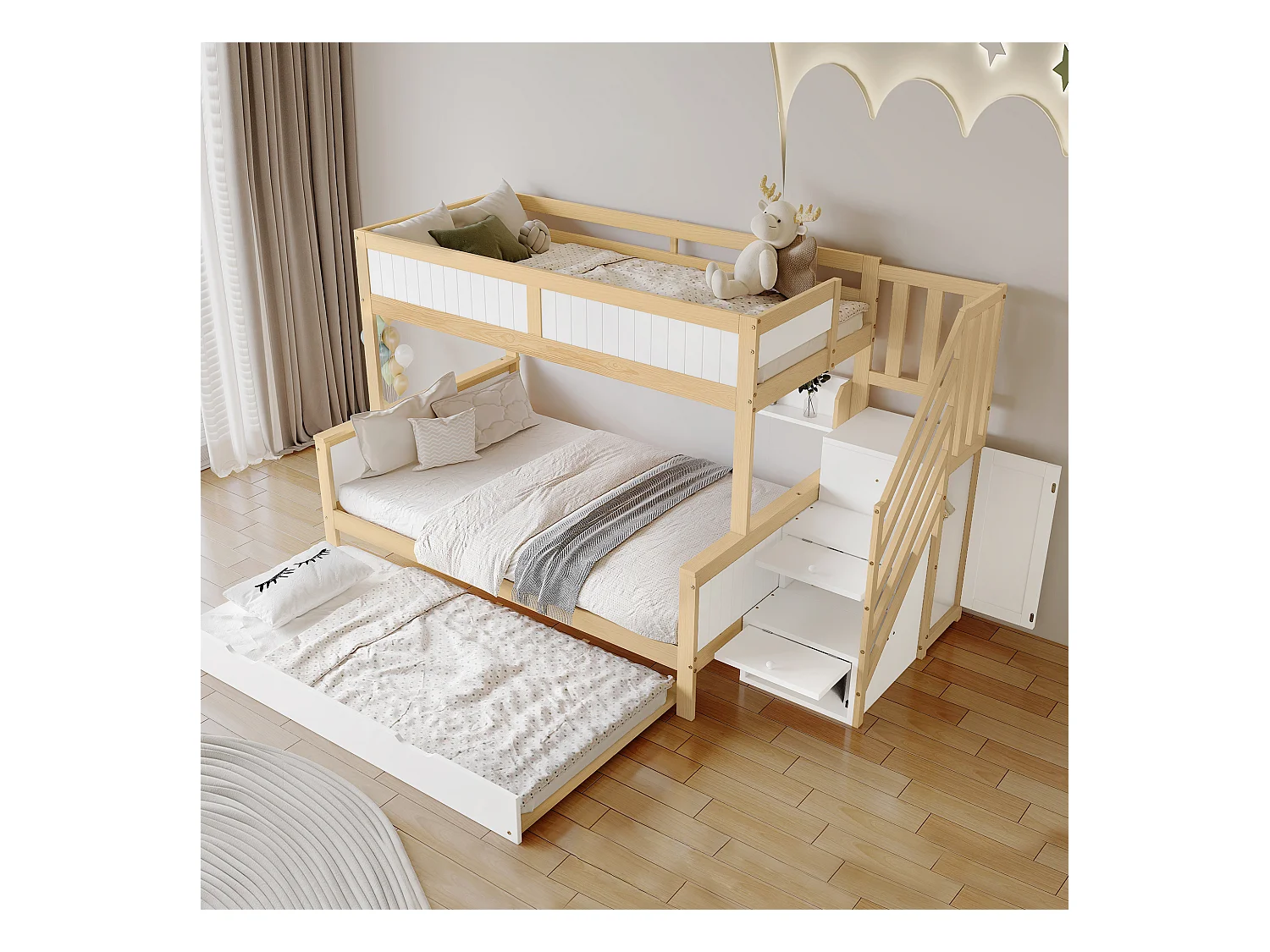 Lit superposé 90x200 cm, protection chutes, 3 positions de lit, lit roulant, armoire intégrée, échelle, blanc + naturel (254x128.5x148 cm)