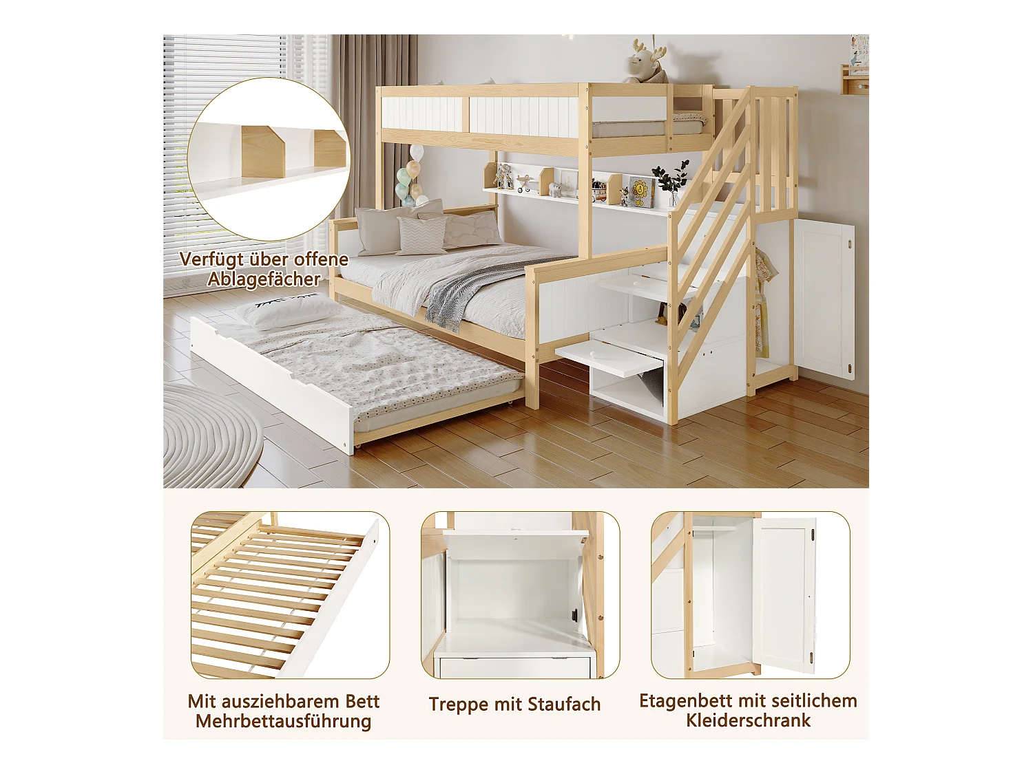 Lit superposé 90x200 cm, protection chutes, 3 positions de lit, lit roulant, armoire intégrée, échelle, blanc + naturel (254x128.5x148 cm)