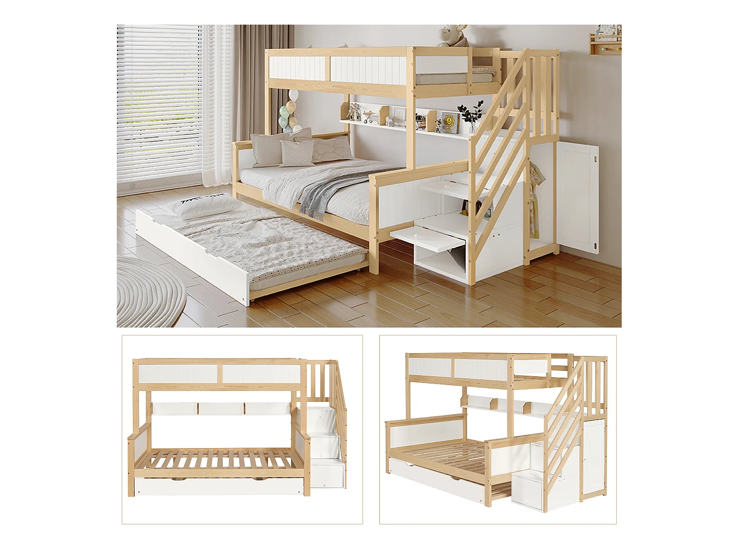 Lit superposé 90x200 cm, protection chutes, 3 positions de lit, lit roulant, armoire intégrée, échelle, blanc + naturel (254x128.5x148 cm)