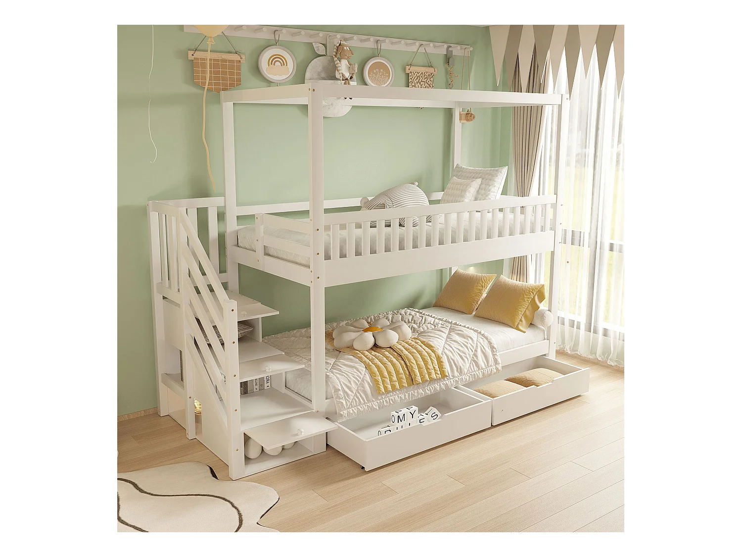 Lit superposé 90x200 cm, bois massif, forme de maison, garde-corps, échelle sécurisée, rangement, blanc (255.2x95.7x180 cm)