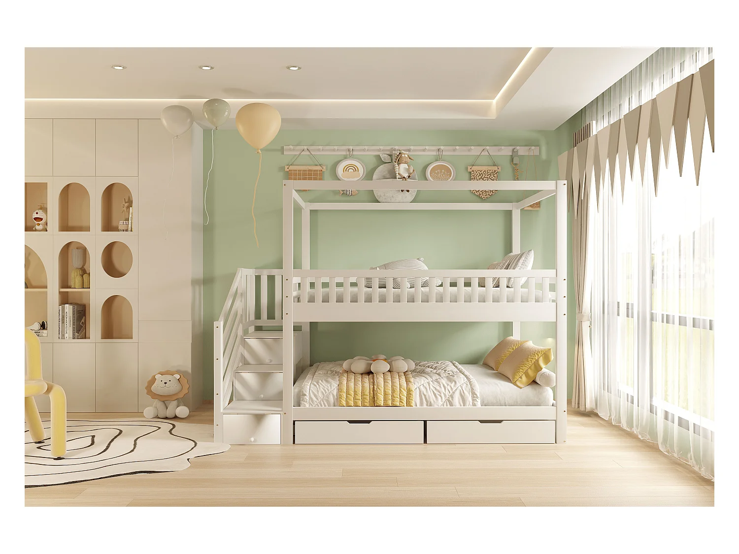 Lit superposé 90x200 cm, bois massif, forme de maison, garde-corps, échelle sécurisée, rangement, blanc (255.2x95.7x180 cm)