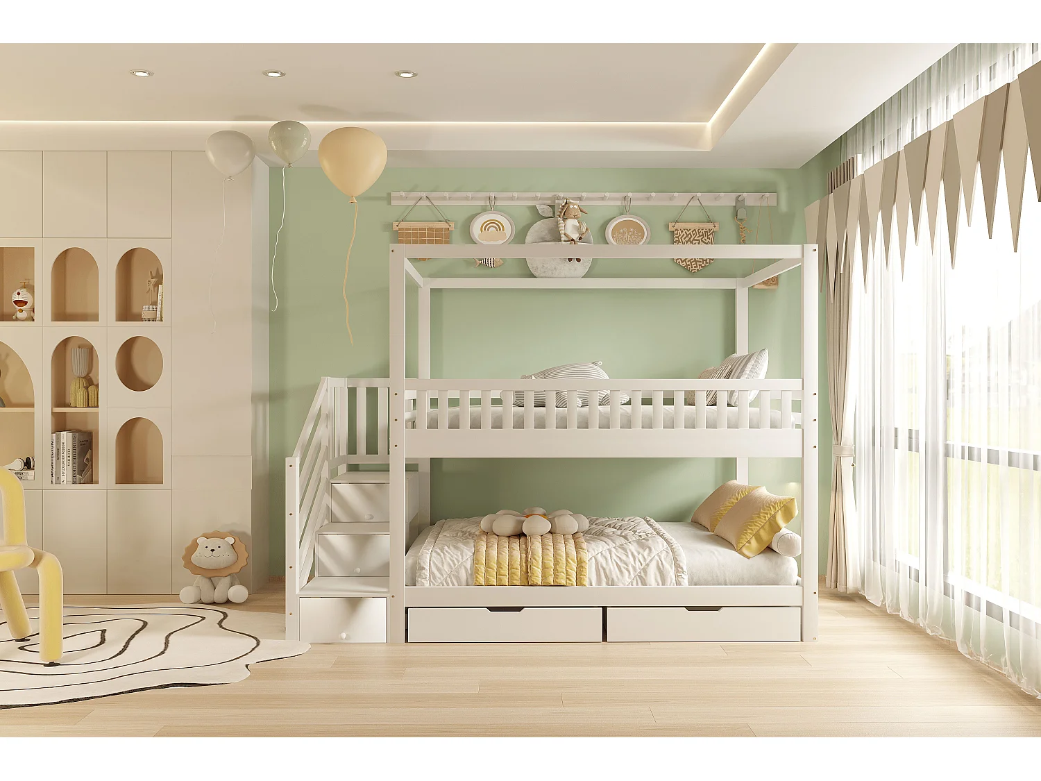 Lit superposé 90x200 cm, bois massif, forme de maison, garde-corps, échelle sécurisée, rangement, blanc (255.2x95.7x180 cm)