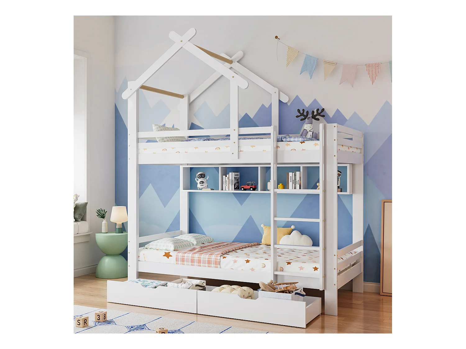 Letto a castello con cassetti e ripiani, letto a casetta con scala angolare a 3 gradini, protezione anticaduta, struttura in pino, bianco (205x95x227 cm)