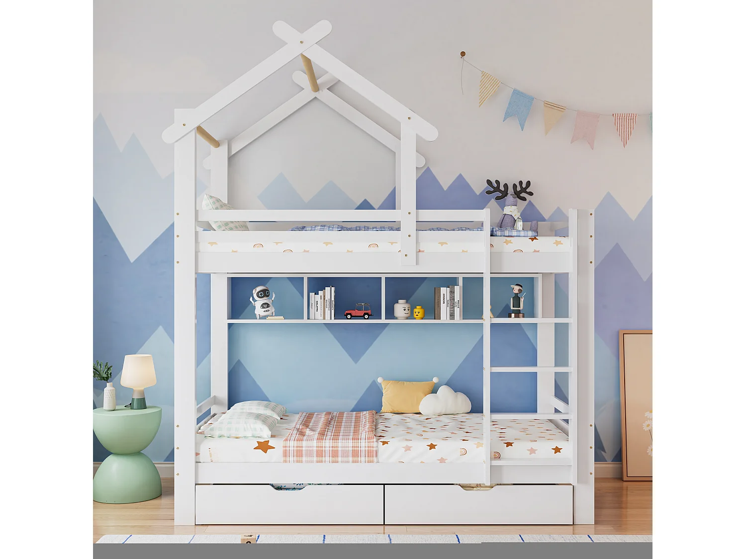 Litera con cajones y estantes, cama-casa con escalera de esquina de 3 peldaños, protección anticaídas, estructura de pino, color blanco (205x95x227 cm)