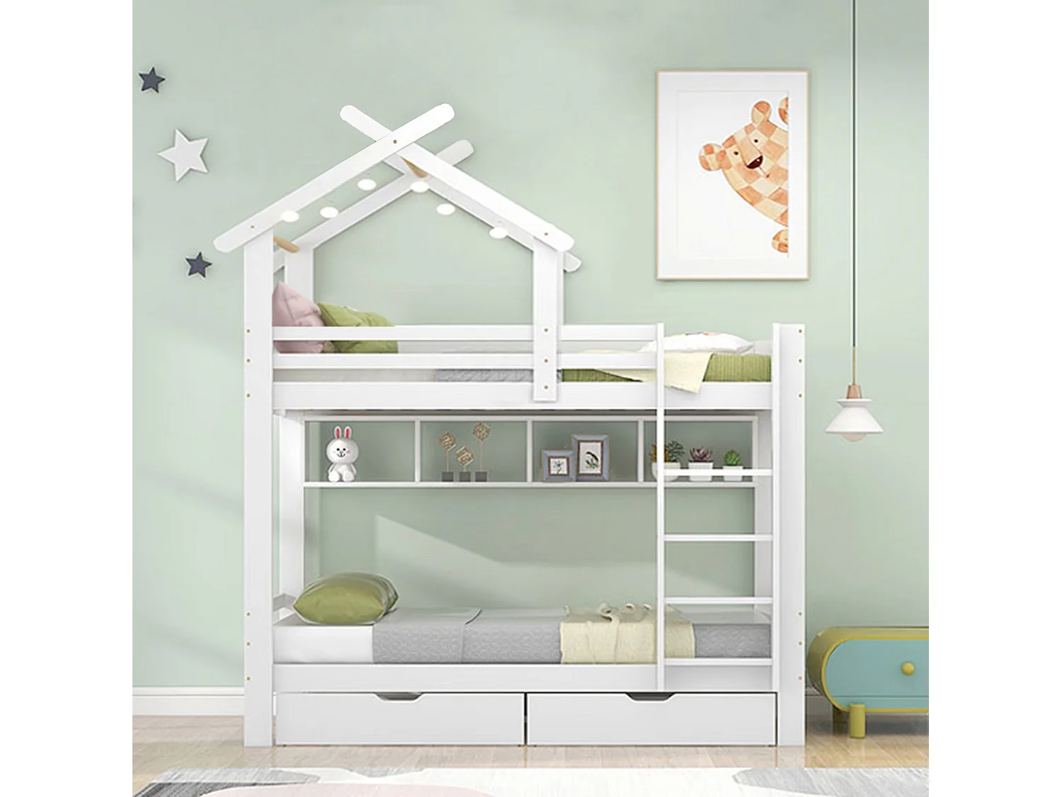 Litera con cajones y estantes, cama-casa con escalera de esquina de 3 peldaños, protección anticaídas, estructura de pino, color blanco (205x95x227 cm)