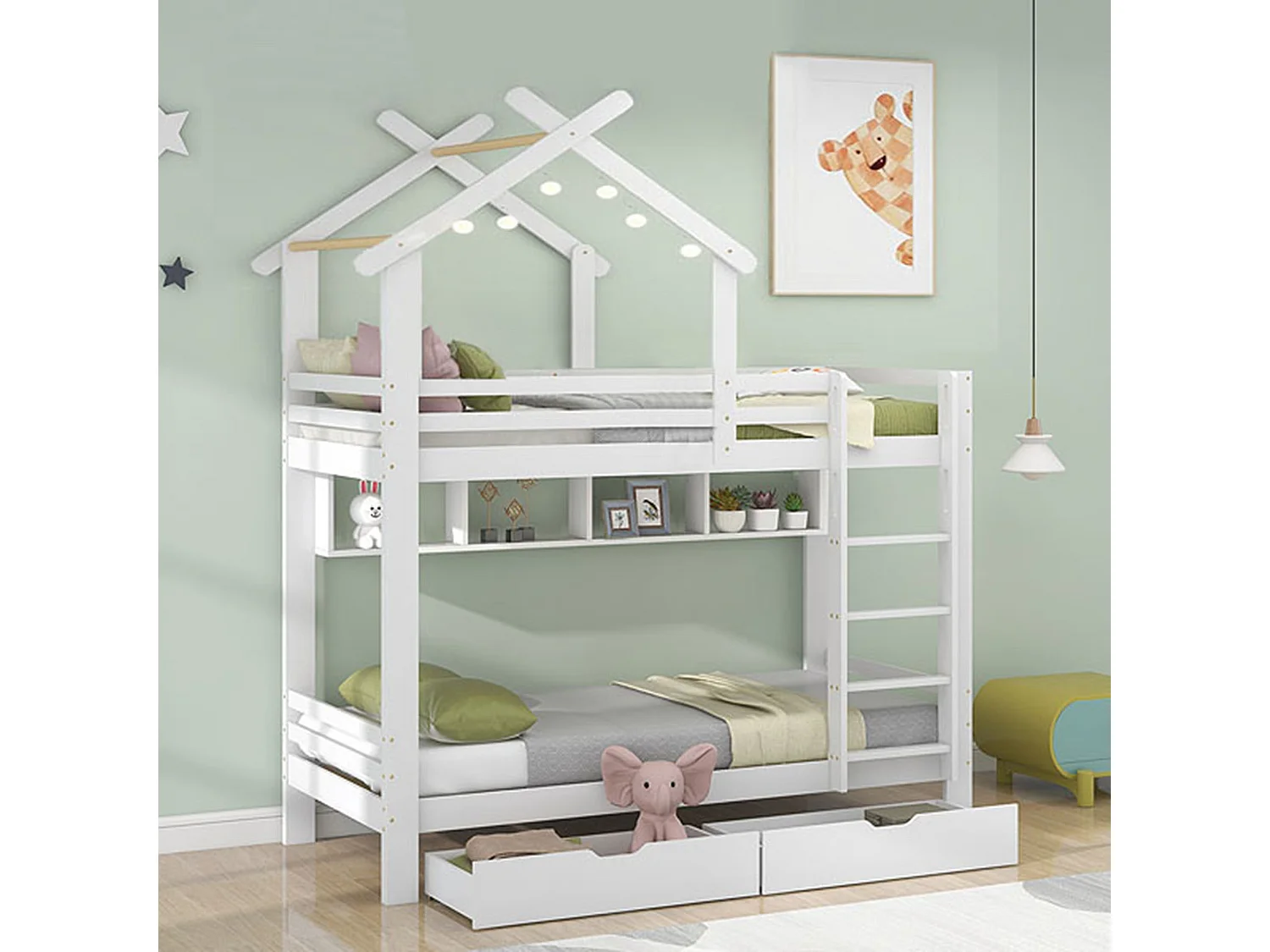 Litera con cajones y estantes, cama-casa con escalera de esquina de 3 peldaños, protección anticaídas, estructura de pino, color blanco (205x95x227 cm)