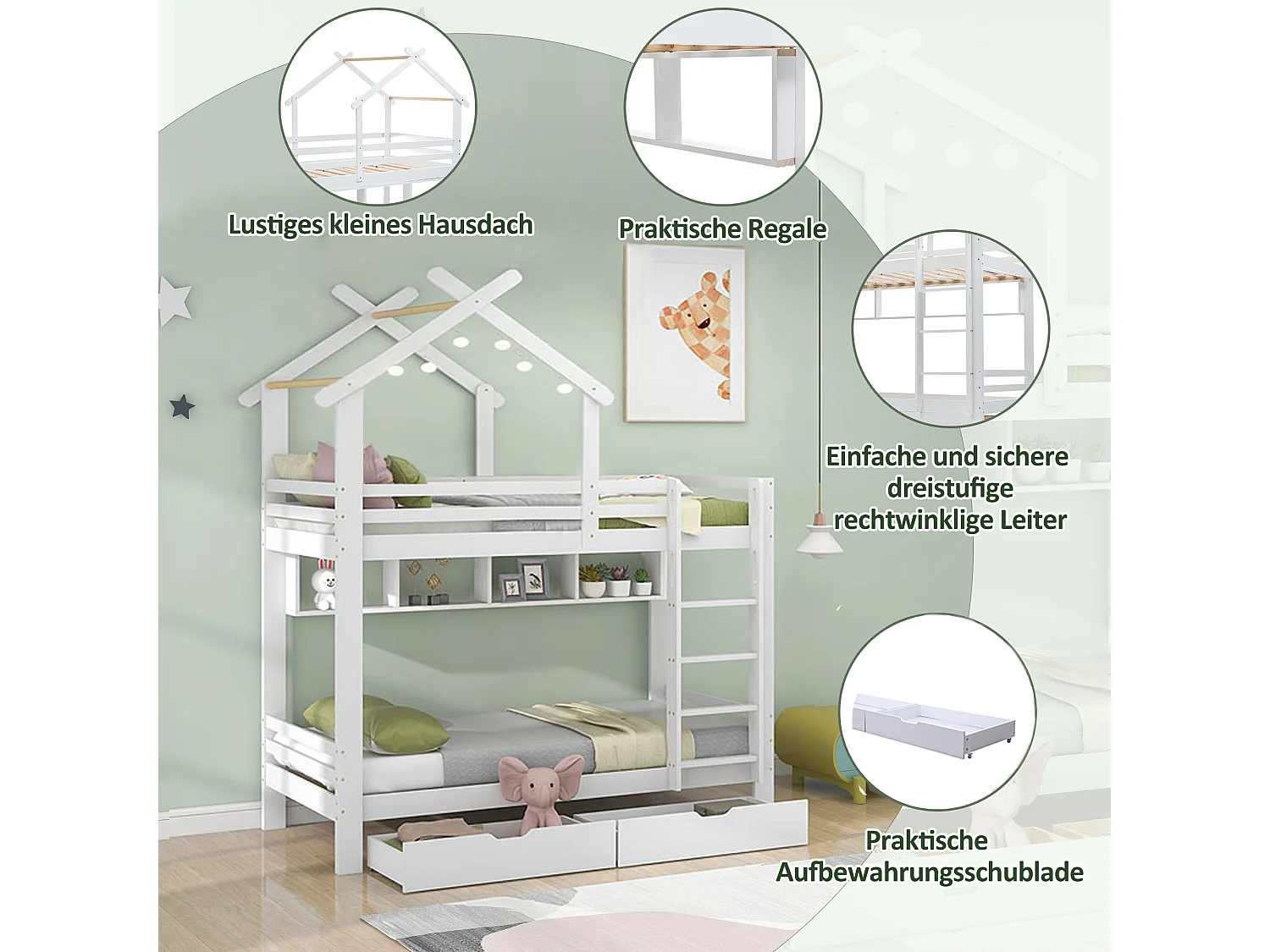 Litera con cajones y estantes, cama-casa con escalera de esquina de 3 peldaños, protección anticaídas, estructura de pino, color blanco (205x95x227 cm)