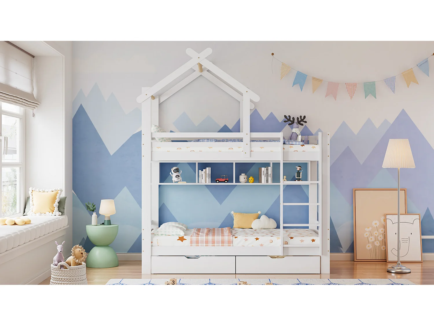 Litera con cajones y estantes, cama-casa con escalera de esquina de 3 peldaños, protección anticaídas, estructura de pino, color blanco (205x95x227 cm)