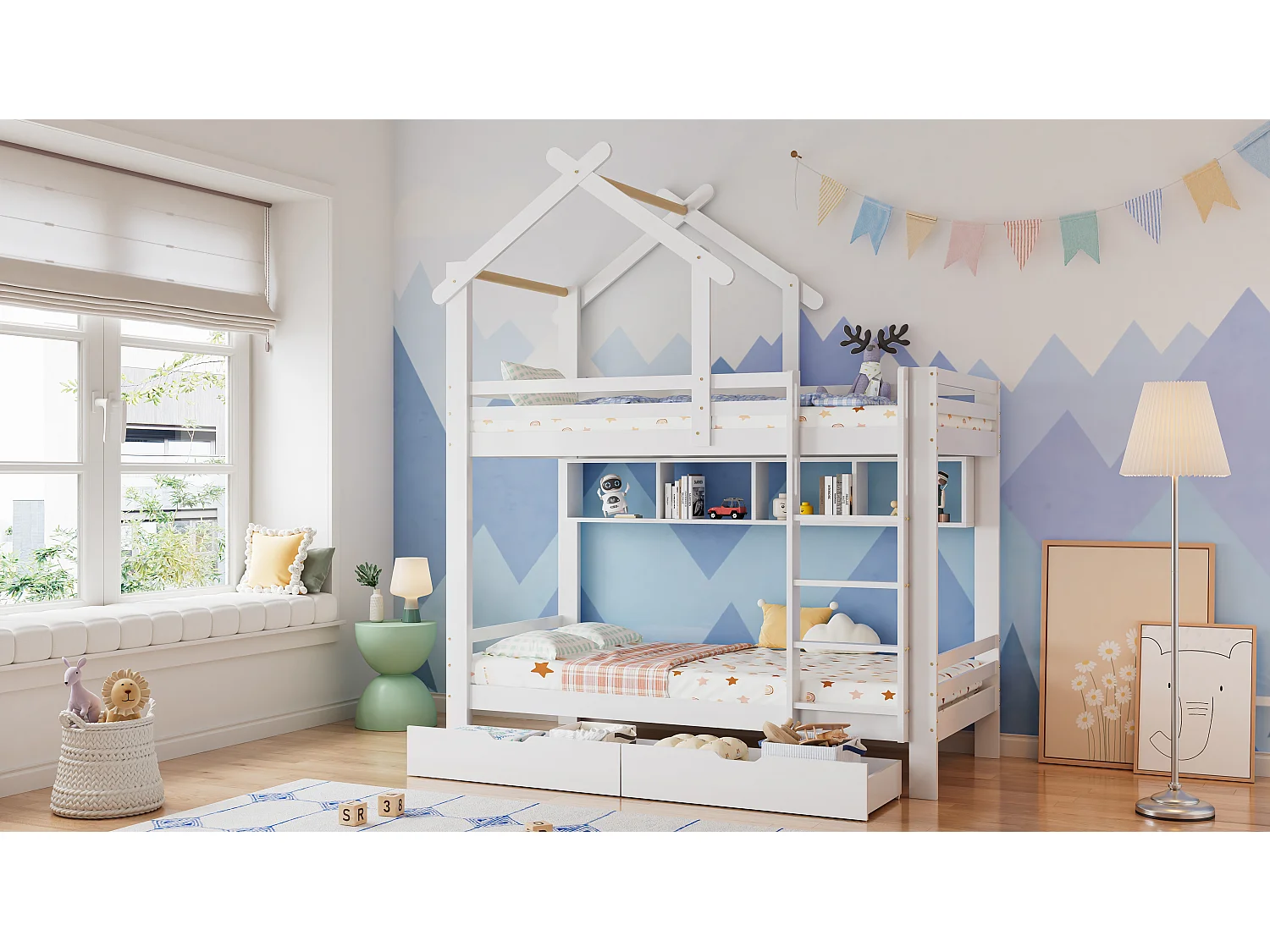 Litera con cajones y estantes, cama-casa con escalera de esquina de 3 peldaños, protección anticaídas, estructura de pino, color blanco (205x95x227 cm)