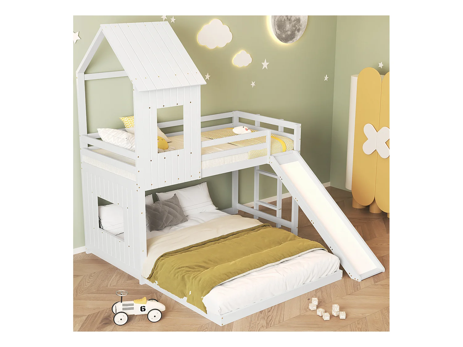 Lit superposé avec toboggan, maison avec fenêtres et toit, sécurité, pin et MDF, blanc (210x227x216 cm)