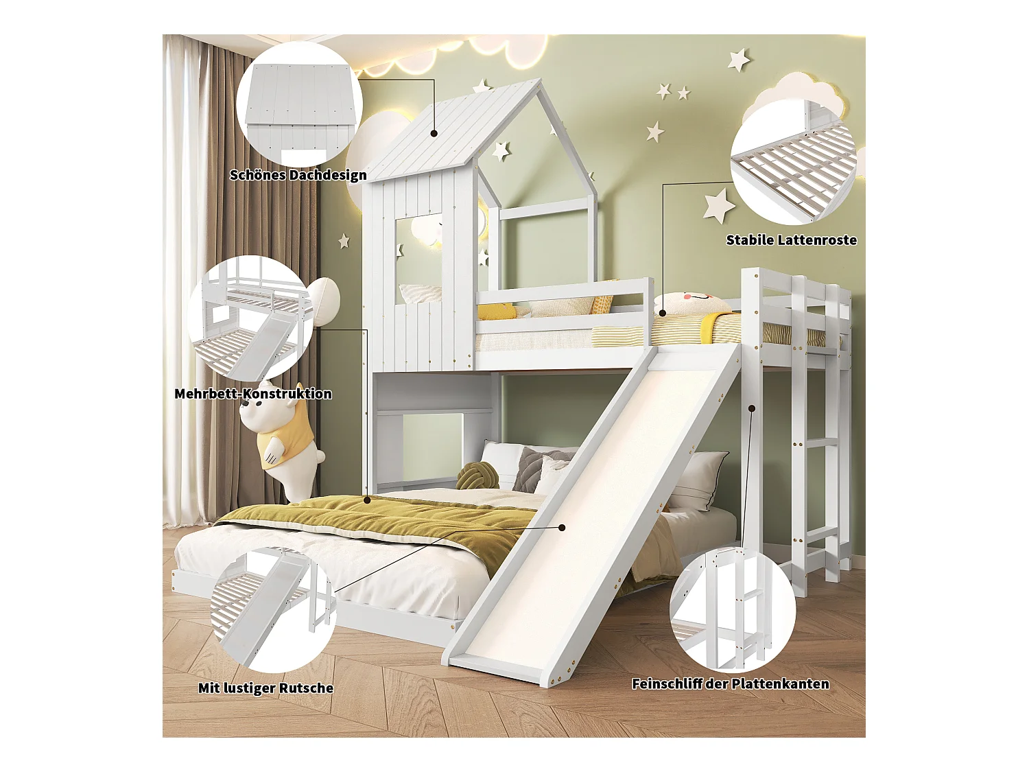 Lit superposé avec toboggan, maison avec fenêtres et toit, sécurité, pin et MDF, blanc (210x227x216 cm)