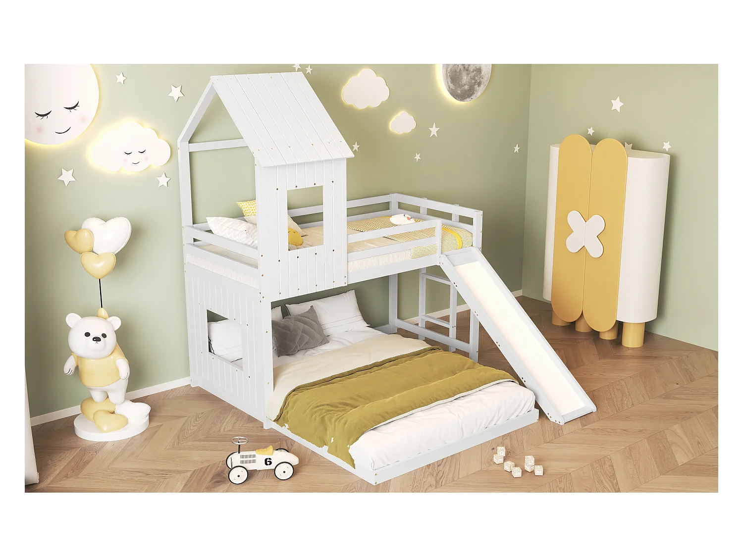 Lit superposé avec toboggan, maison avec fenêtres et toit, sécurité, pin et MDF, blanc (210x227x216 cm)