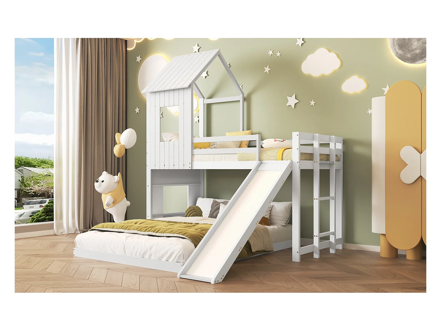 Lit superposé avec toboggan, maison avec fenêtres et toit, sécurité, pin et MDF, blanc (210x227x216 cm)