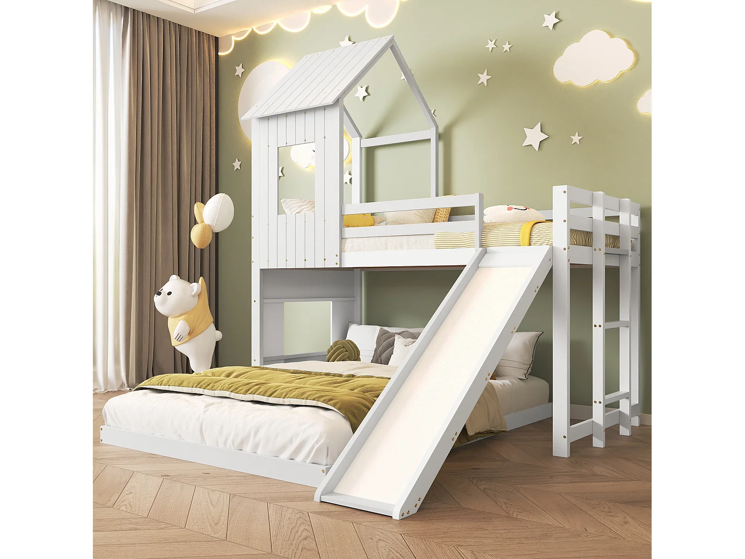 Stapelbed met glijbaan, huis met ramen en dak, veiligheid, grenen en MDF, wit (210x227x216 cm)