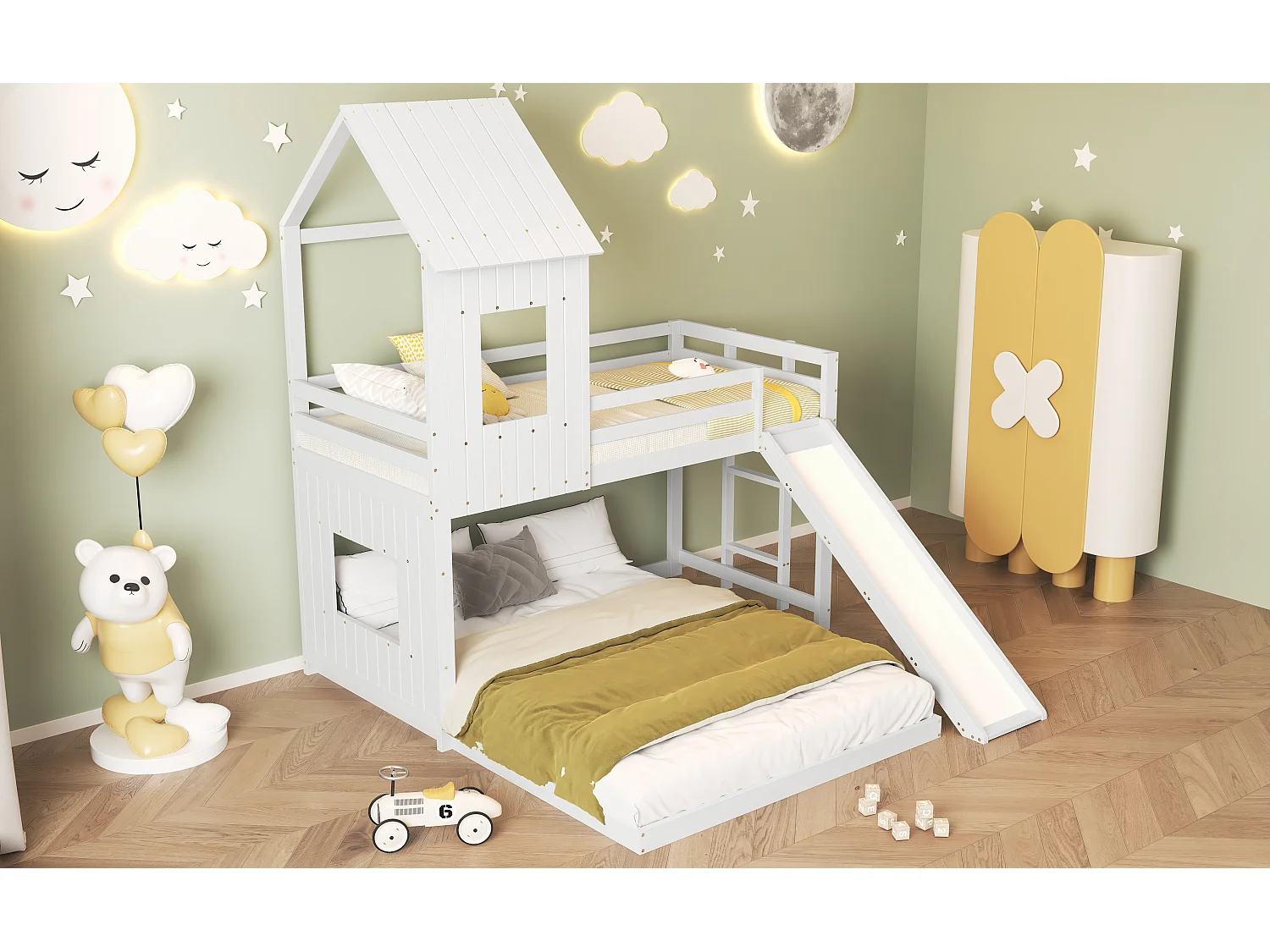 Stapelbed met glijbaan, huis met ramen en dak, veiligheid, grenen en MDF, wit (210x227x216 cm)