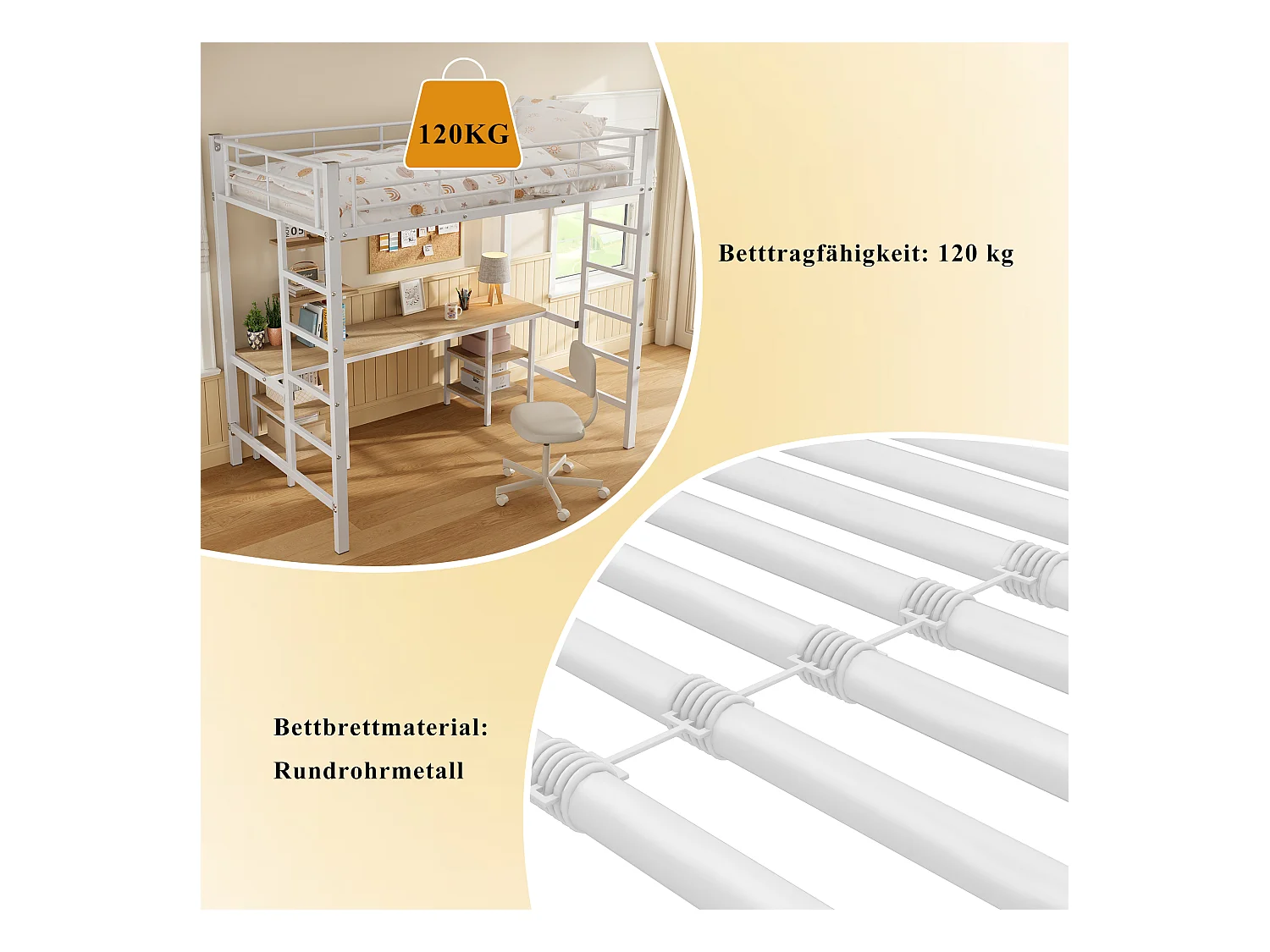 Litera con escalera, escritorio y estantes, estructura de metal y MDF, color blanco + natural (204,5x95,5x180,5 cm)