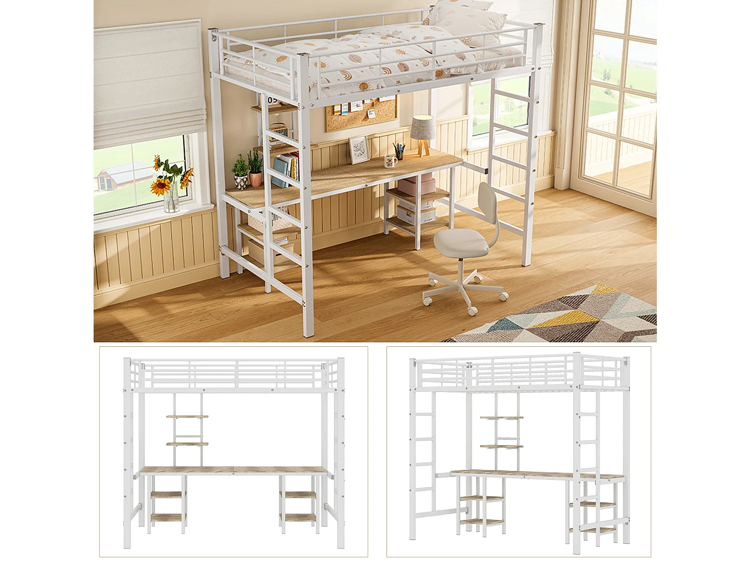 Litera con escalera, escritorio y estantes, estructura de metal y MDF, color blanco + natural (204,5x95,5x180,5 cm)