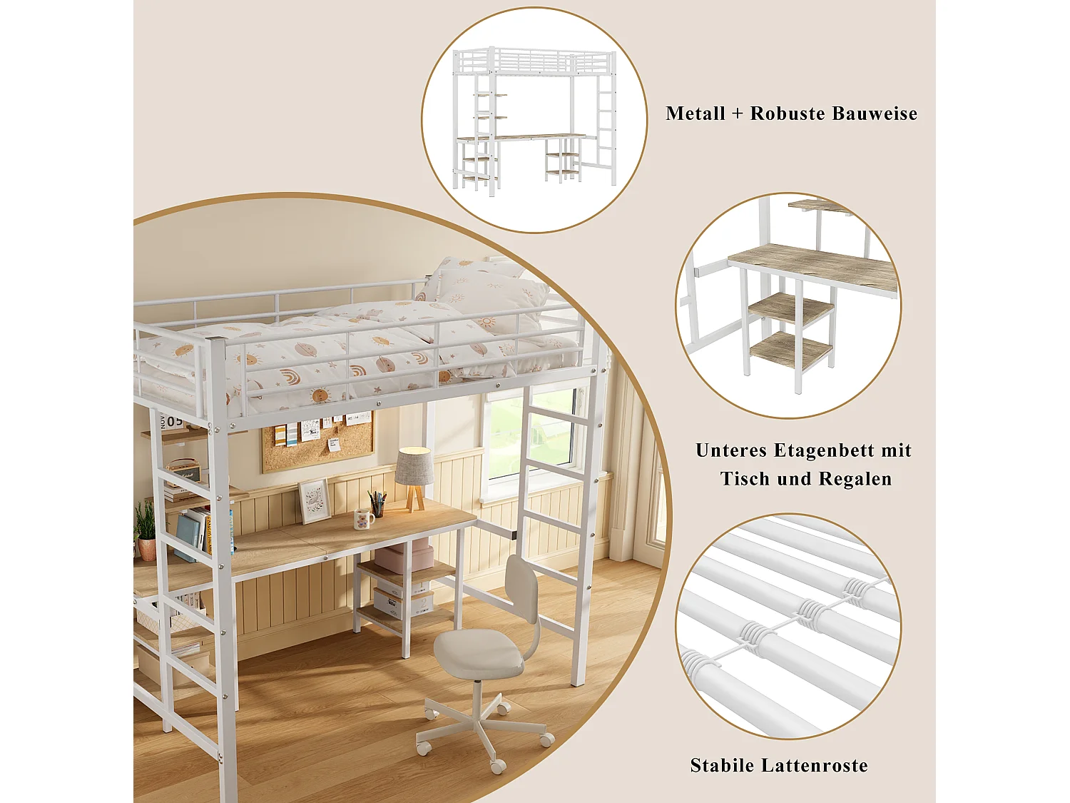 Litera con escalera, escritorio y estantes, estructura de metal y MDF, color blanco + natural (204,5x95,5x180,5 cm)