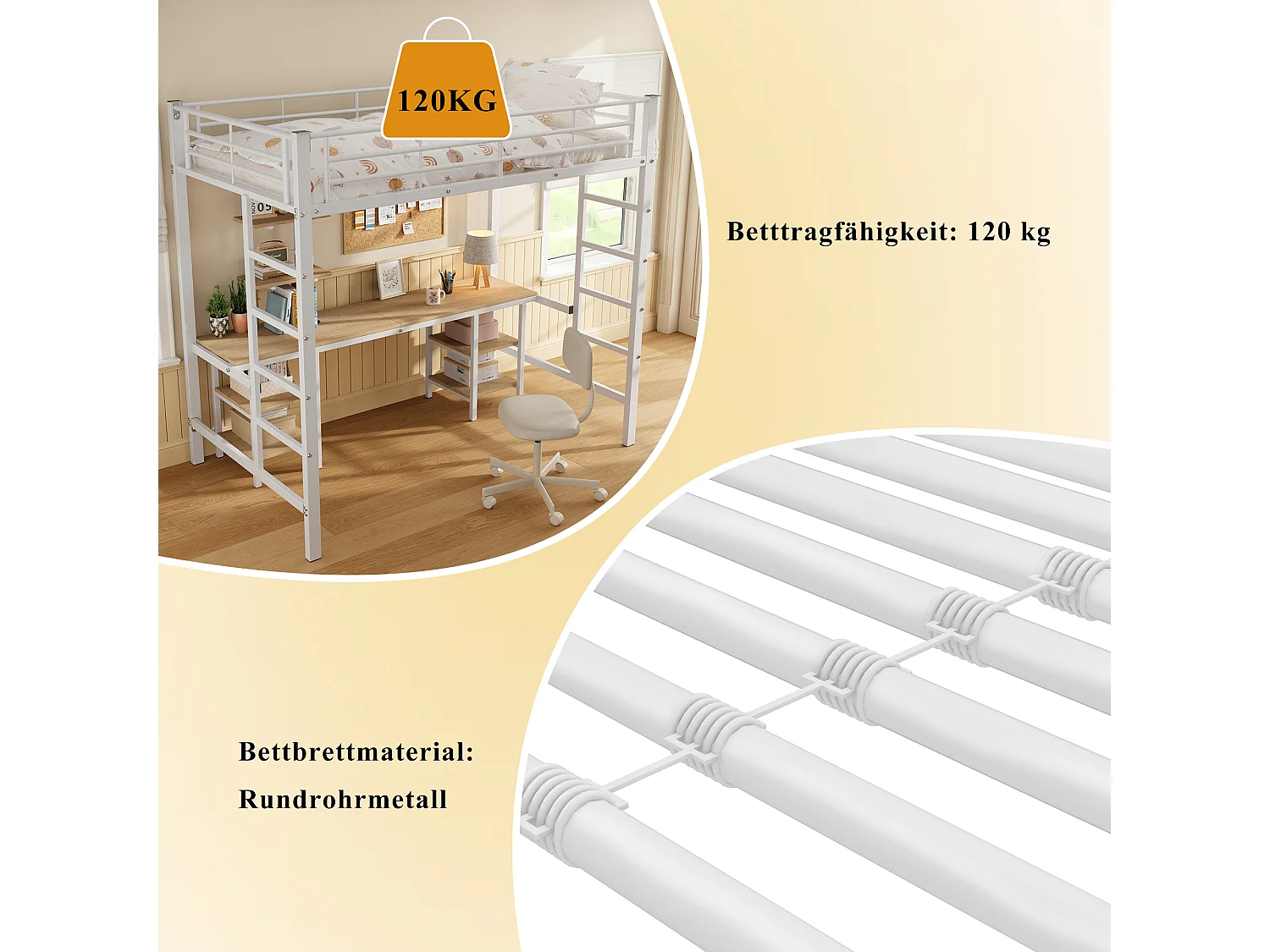 Litera con escalera, escritorio y estantes, estructura de metal y MDF, color blanco + natural (204,5x95,5x180,5 cm)