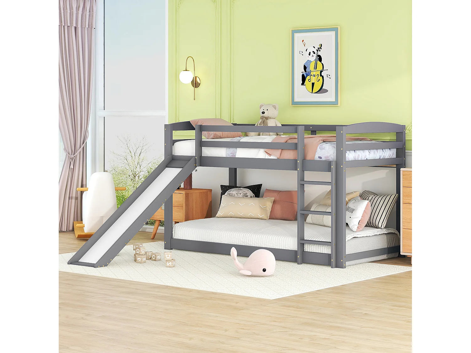 Stapelbed voor kinderen met glijbaan, frame van grenenhout, eenvoudig om te bouwen, grijs (204x95x118 cm)