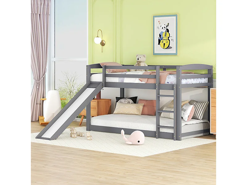Lit superposé pour enfants avec toboggan, cadre en pin, conversion facile, gris (204x95x118 cm)