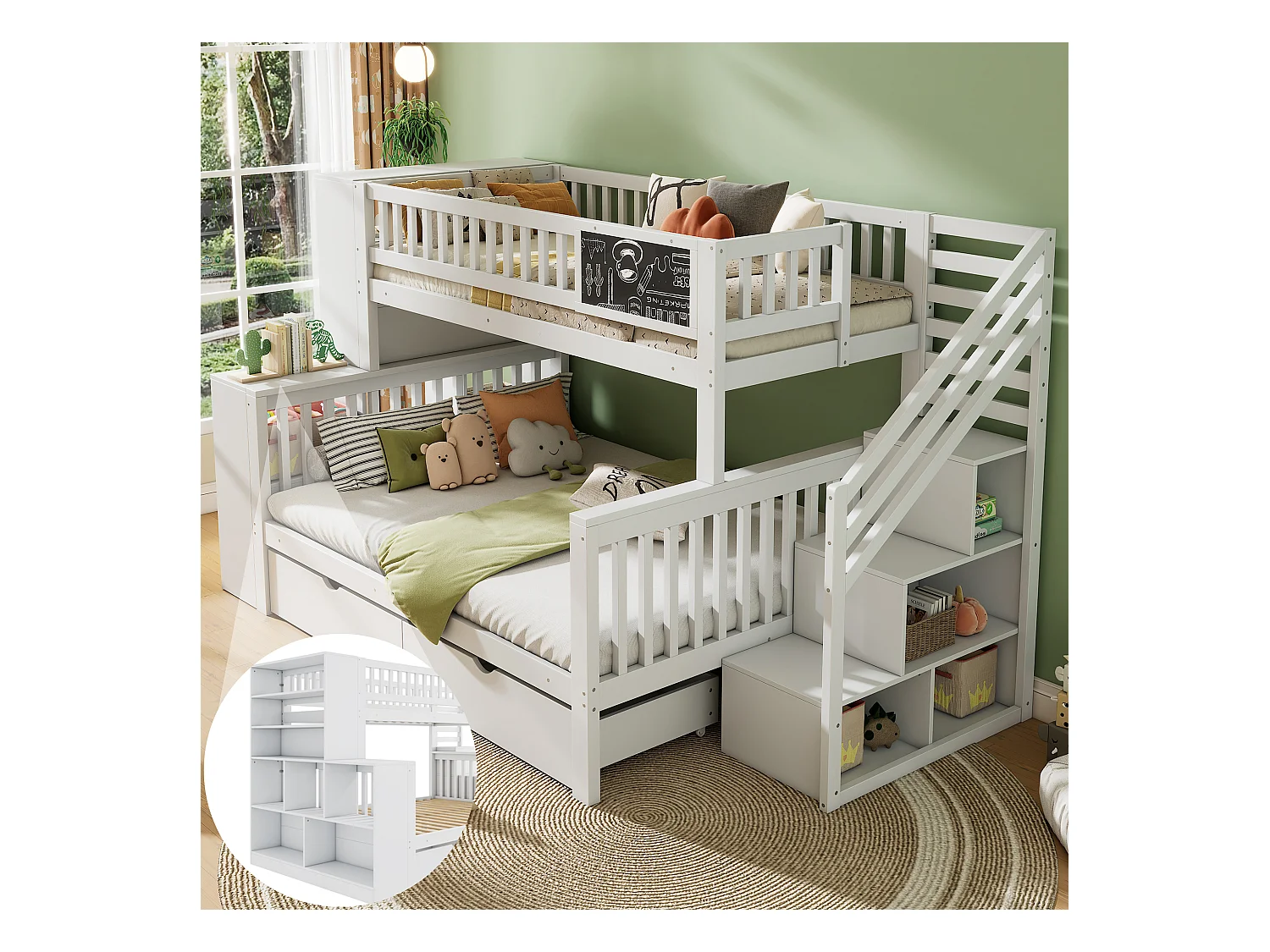 Lit superposé pour enfants avec bureau, rangements, glissière, bois massif, blanc, (284x148.5x161.5 cm)