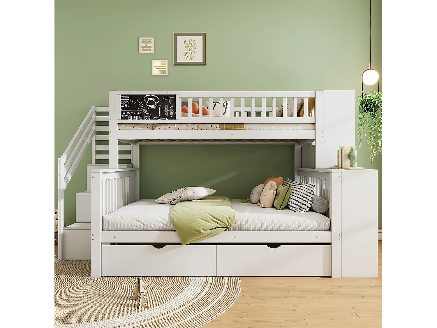 Lit superposé pour enfants avec bureau, rangements, glissière, bois massif, blanc, (284x148.5x161.5 cm)