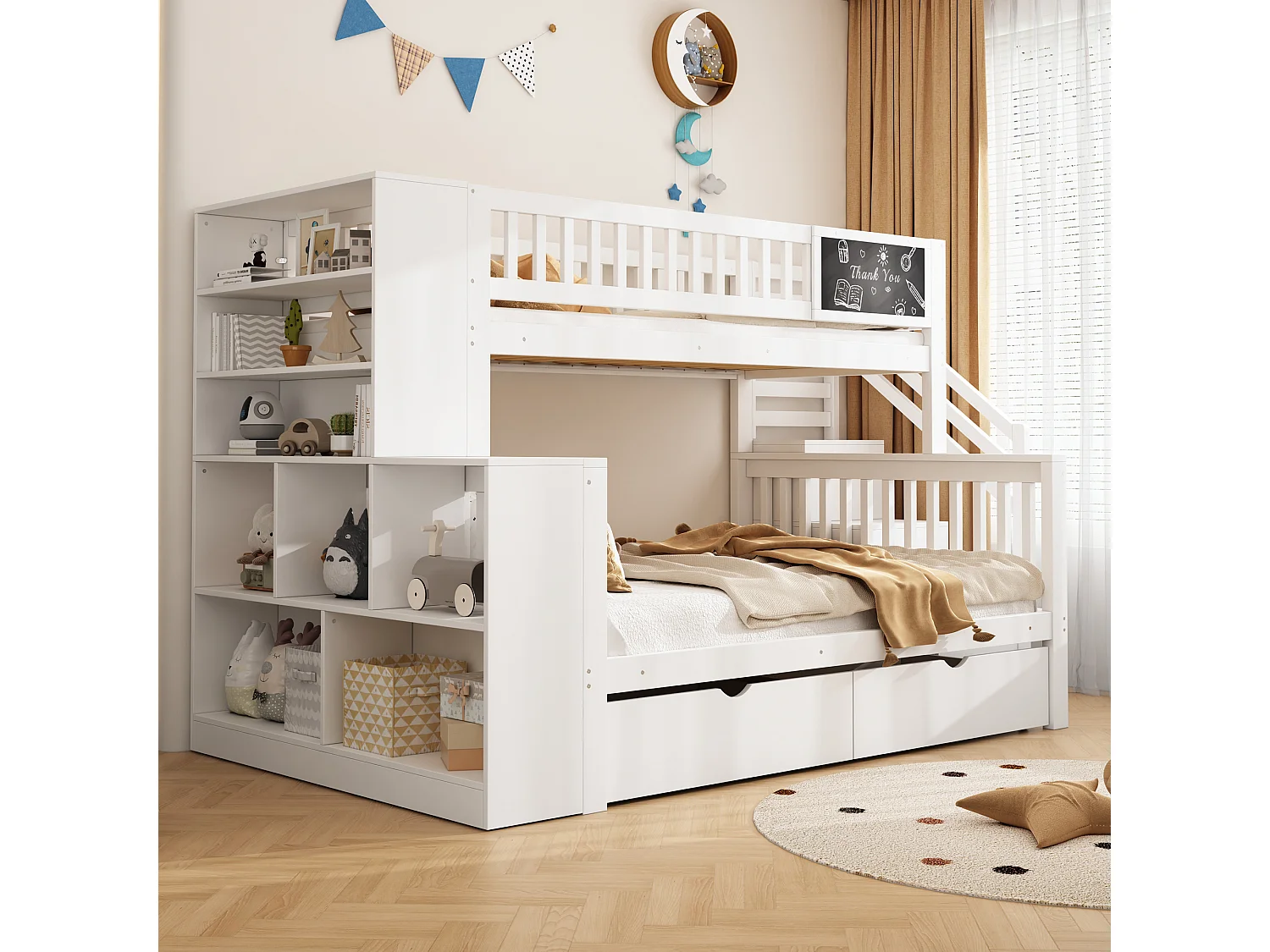 Lit superposé pour enfants avec bureau, rangements, glissière, bois massif, blanc, (284x148.5x161.5 cm)