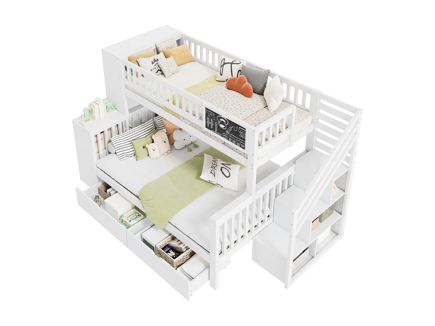 Lit superposé pour enfants avec bureau, rangements, glissière, bois massif, blanc, (284x148.5x161.5 cm)