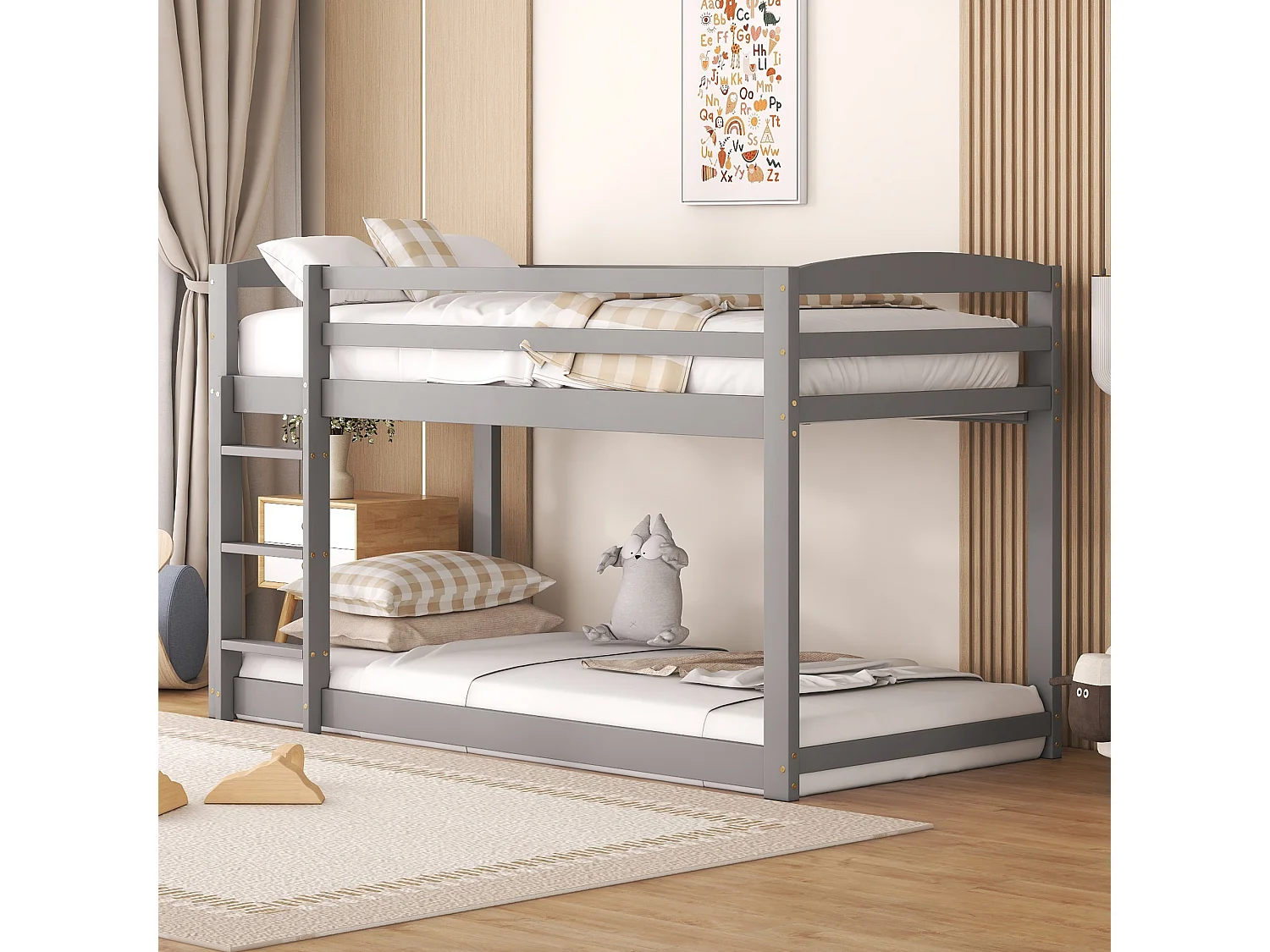 Letto a castello per bambini e ragazzi, struttura in pino massello, facile da montare, 90x200 cm, grigio (204x95x118 cm)