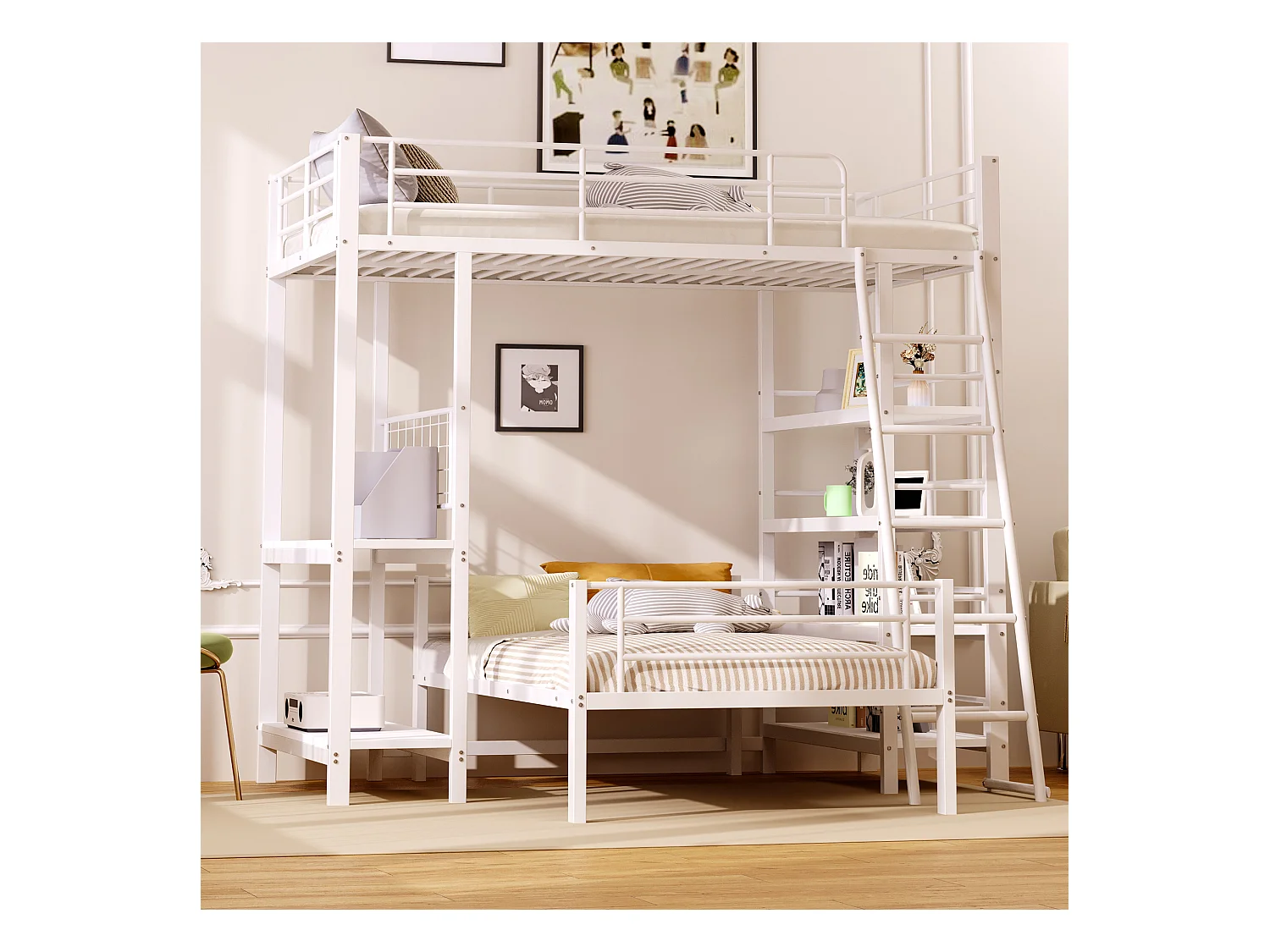 Lit superposé en métal 90x200 cm, lit multifonctionnel avec étagères, rangements et prises USB, blanc (204x206x180 cm)