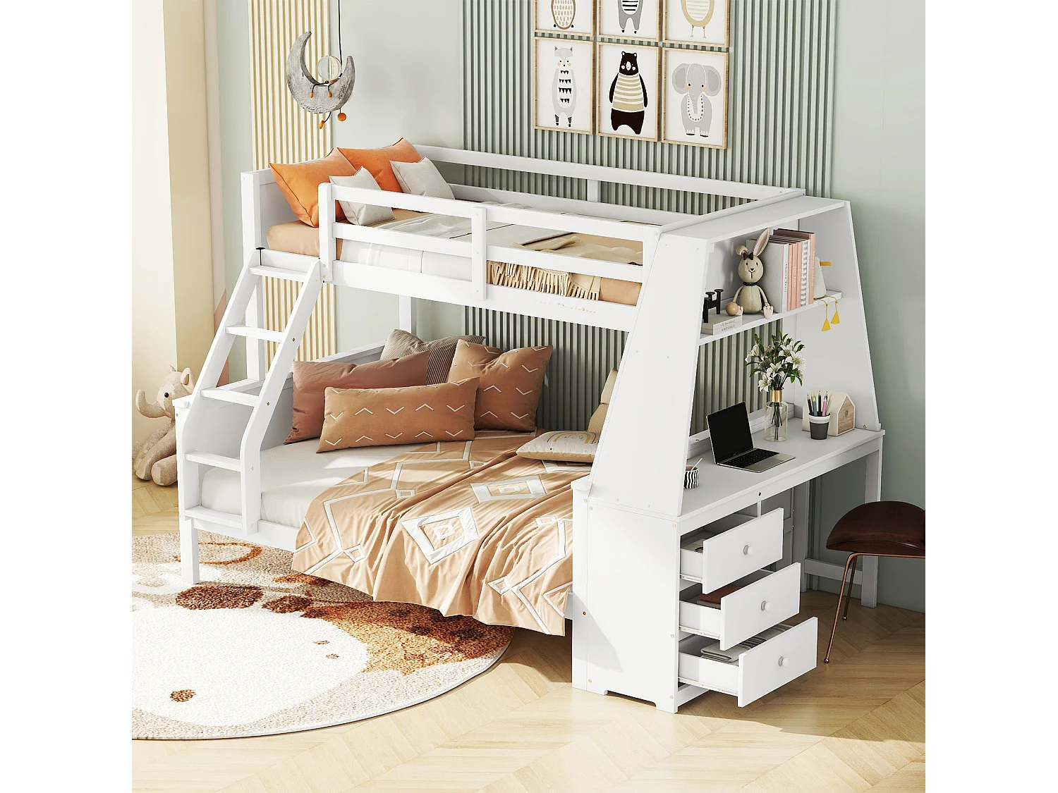 Stapelbed 90x200 cm en 140x200 cm, met bureau, veel opbergruimte, hoge veiligheidsbeugel, grenen, wit (242x141x154 cm)