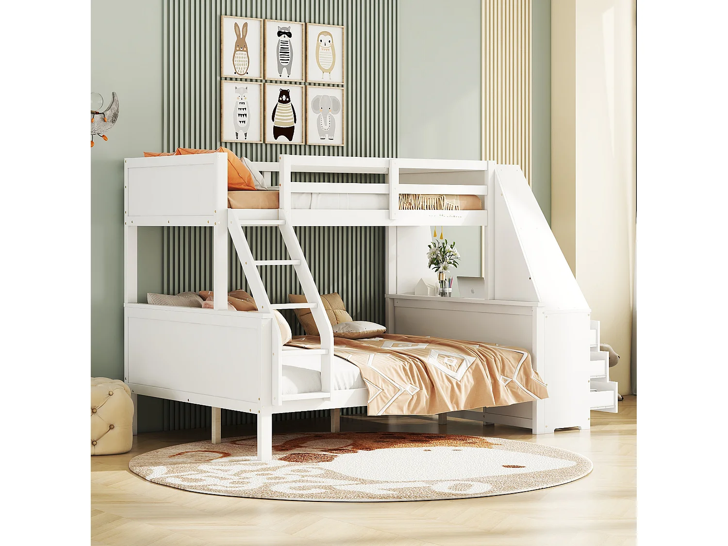 Stapelbed 90x200 cm en 140x200 cm, met bureau, veel opbergruimte, hoge veiligheidsbeugel, grenen, wit (242x141x154 cm)