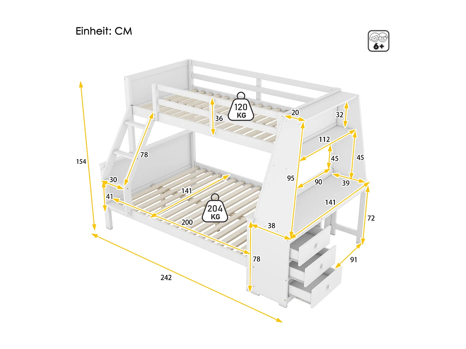 Stapelbed 90x200 cm en 140x200 cm, met bureau, veel opbergruimte, hoge veiligheidsbeugel, grenen, wit (242x141x154 cm)