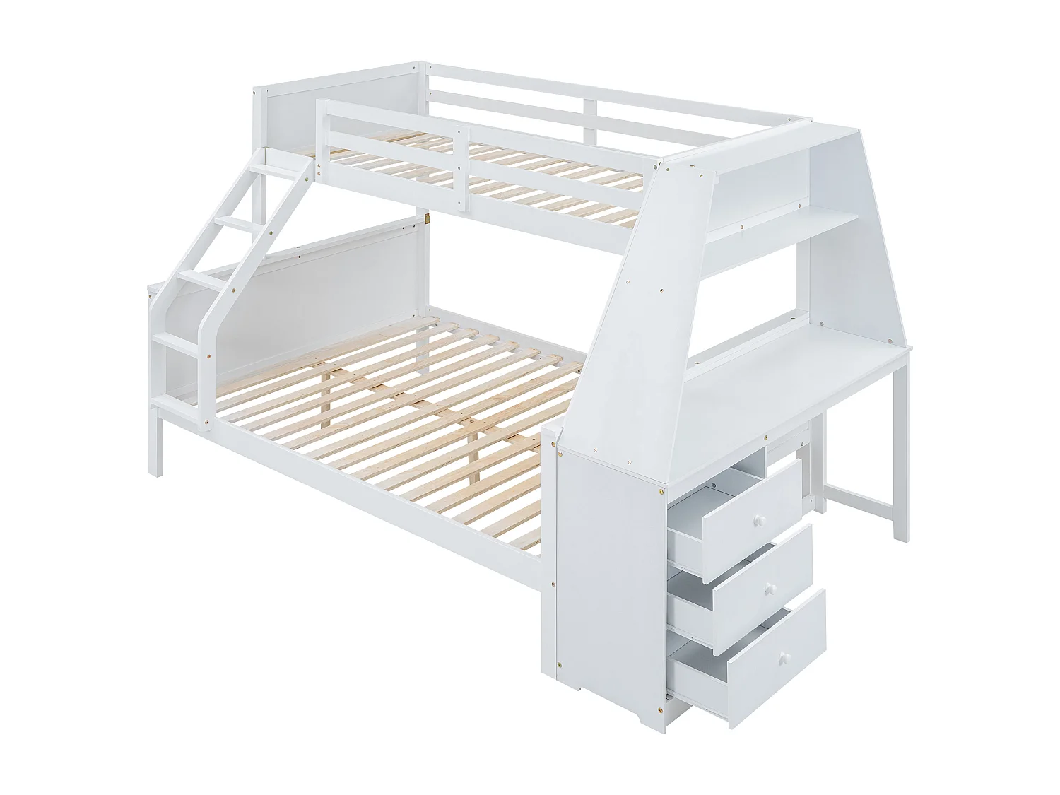 Stapelbed 90x200 cm en 140x200 cm, met bureau, veel opbergruimte, hoge veiligheidsbeugel, grenen, wit (242x141x154 cm)