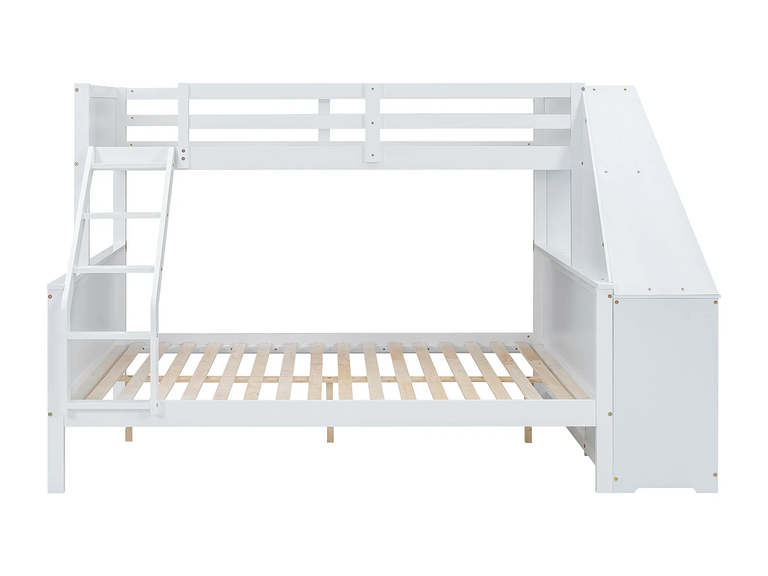 Stapelbed 90x200 cm en 140x200 cm, met bureau, veel opbergruimte, hoge veiligheidsbeugel, grenen, wit (242x141x154 cm)