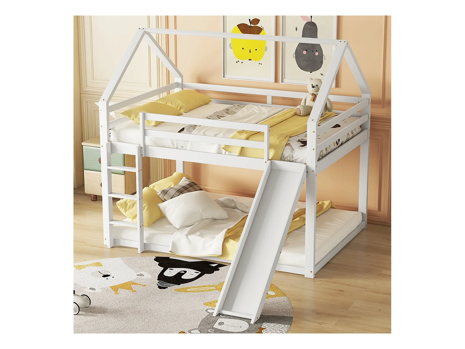 Litera infantil con tobogán y escalera, estructura de casa, 140x200cm, madera de pino, color blanco