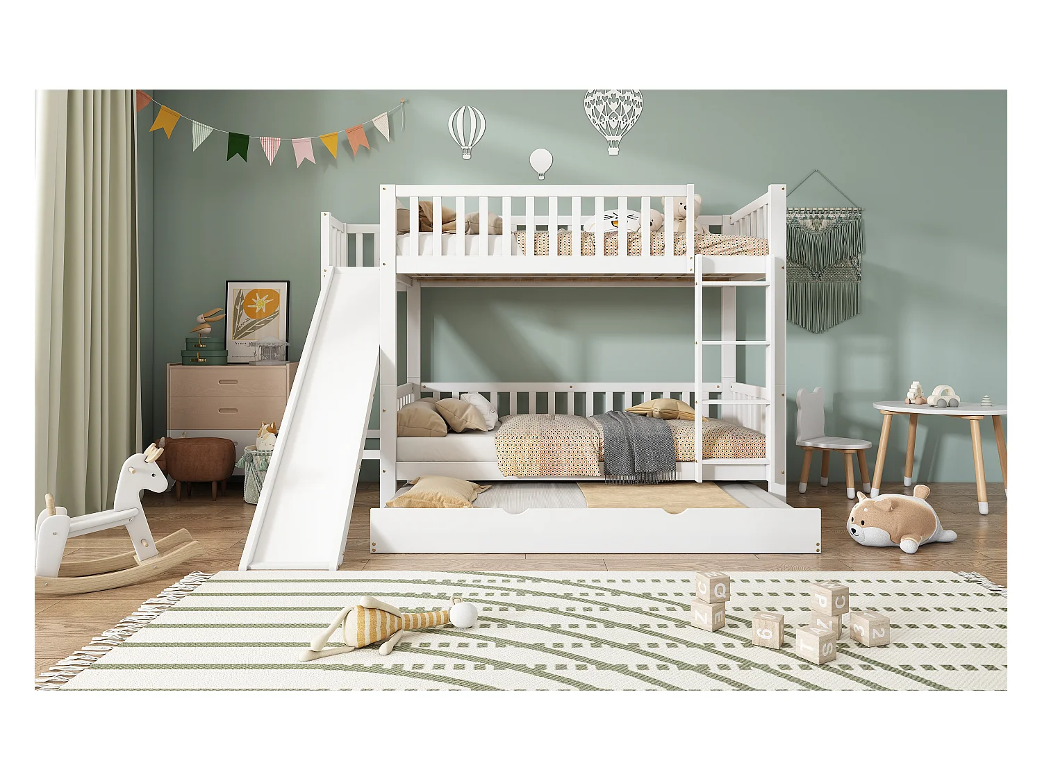 Letto a castello con letto avvolgibile, scala dritta, scivolo e ripiani, MDF e pino, bianco (250x172x170,5 cm)