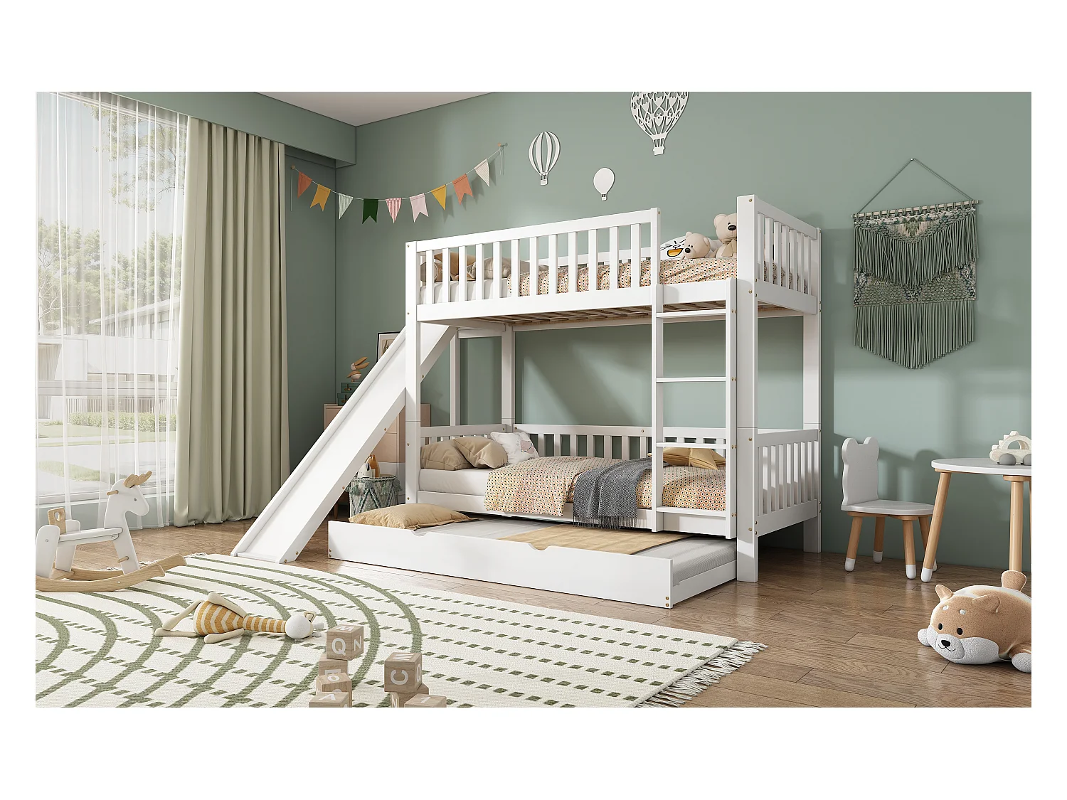 Letto a castello con letto avvolgibile, scala dritta, scivolo e ripiani, MDF e pino, bianco (250x172x170,5 cm)